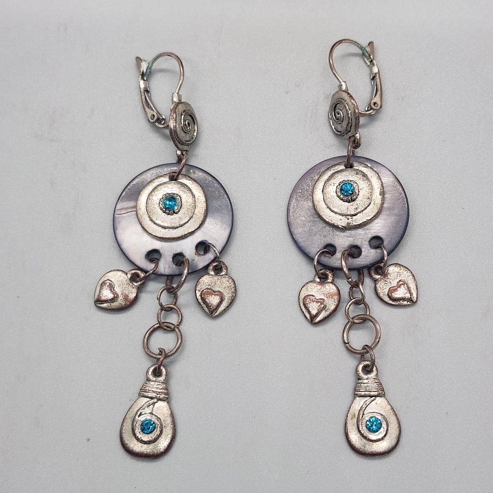 Bohemian‎ Dangle Drop Earrings Mother of Pearl Shell Blue Rhinestone Silver Tone